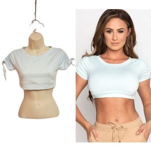 Briavia Shirred Sleeve Cropped Top Mint Green Large
